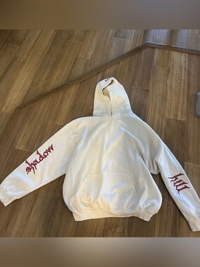 Shadow Hill White Hooded Pullover Sweatshirt with Red Sleeve Graphic